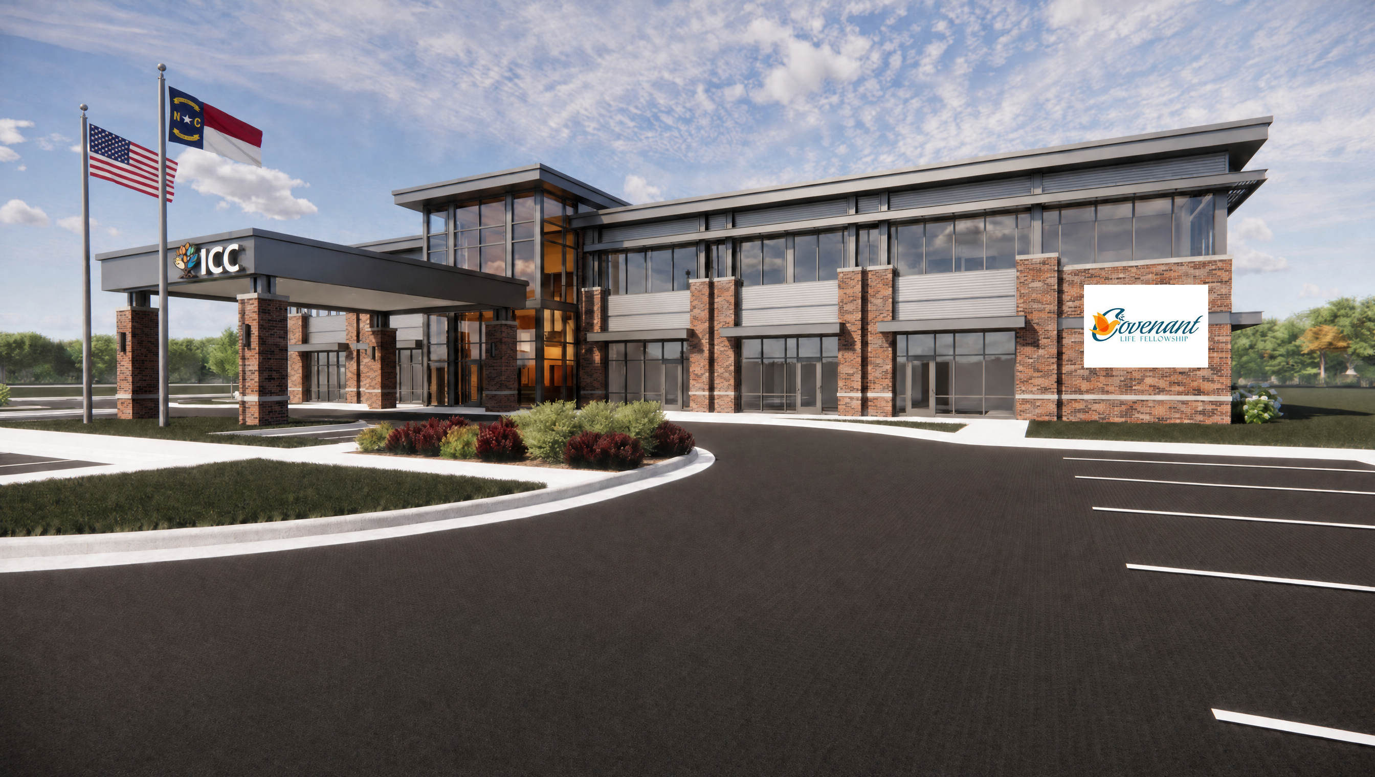 Architectural rendering of the future Inspire Community Center building exterior with entry flags