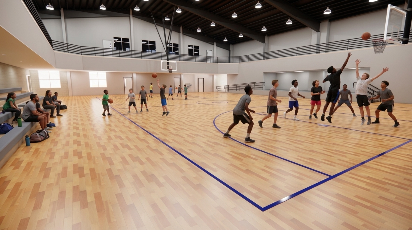 Rendering of the Inspire Community Center gymnasium with children playing basketball