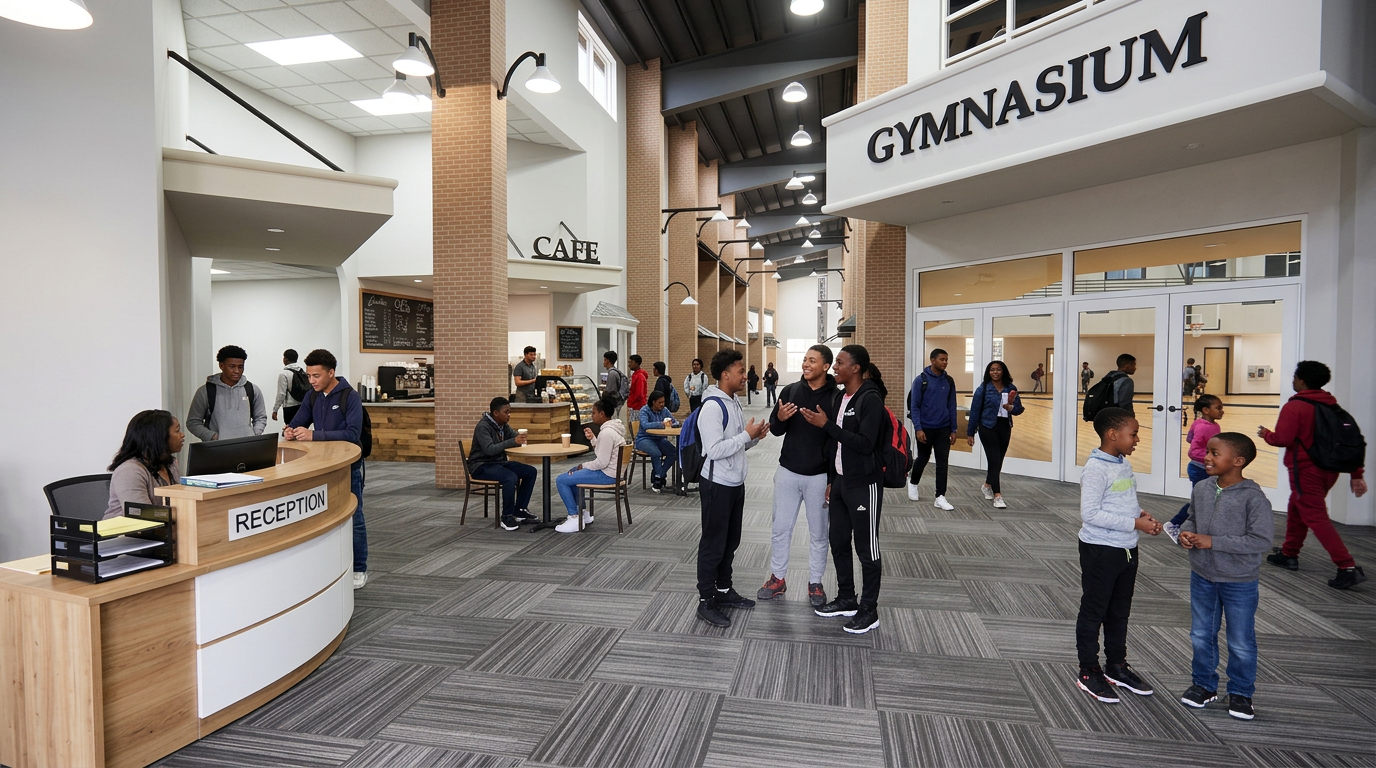 Rendering of the Inspire Community Center hallway and cafe gathering space