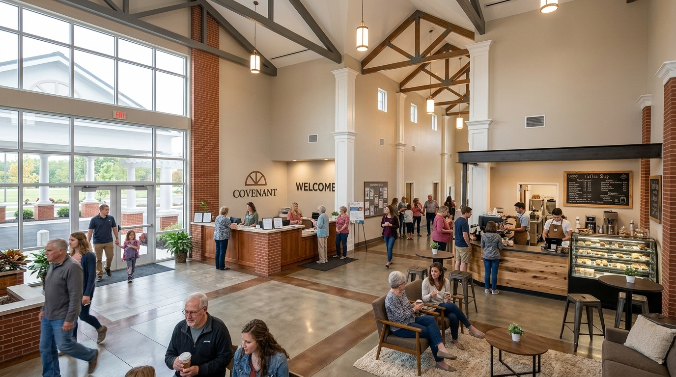 Rendering of the Inspire Community Center welcome lobby with seating and coffee area