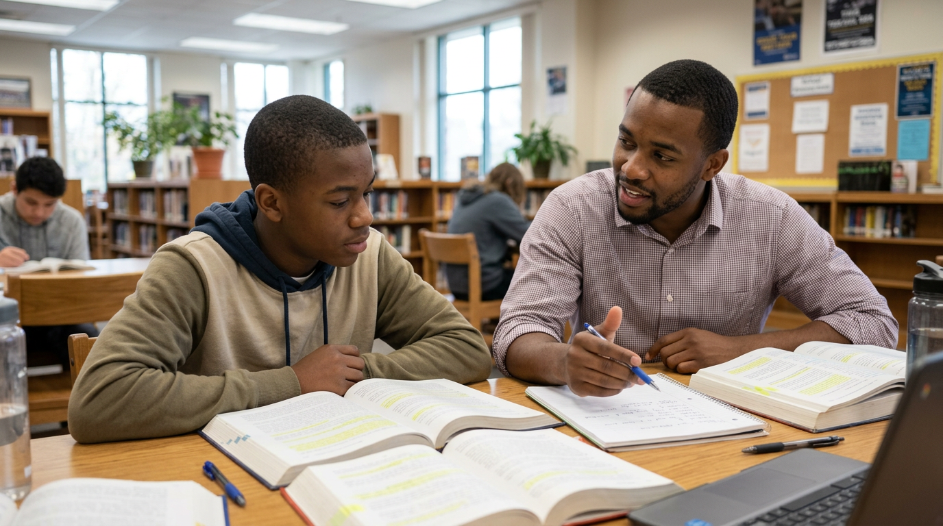 Rendering of a mentor working one-on-one with a student in an Inspire Community Center mentoring room
