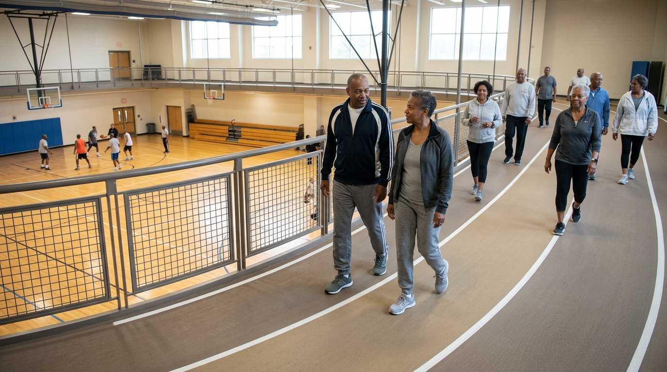 Rendering of seniors walking the indoor walking track at the Inspire Community Center